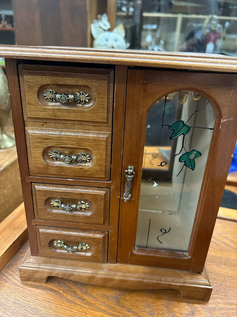 Vintage Wooden Jewelry Cabinet with Green Accent Stained Glass Door - Brown